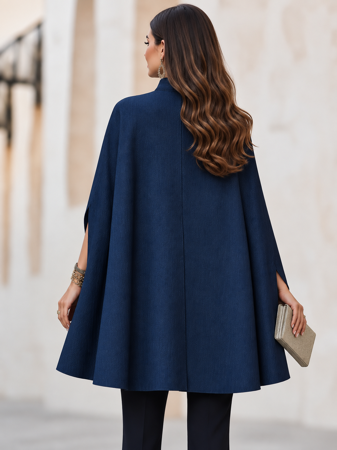 Elegant Stand-Collar Denim Cape Coat With Slit Sleeves