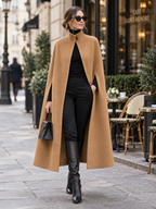 High‑Neck Single‑Button Wool‑Blend Long Cape Coat