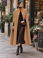 High‑Neck Single‑Button Wool‑Blend Long Cape Coat