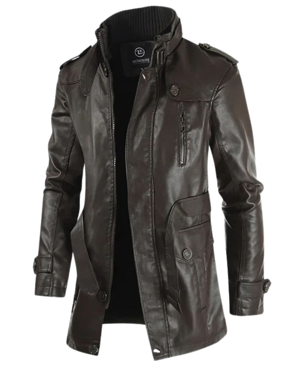 Elegante chaqueta motera larga de cuero