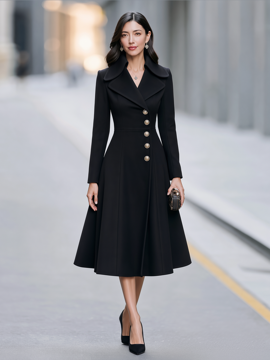 Elegant Notched Lapel Double-Breasted Fit-and-Flare Long Coat