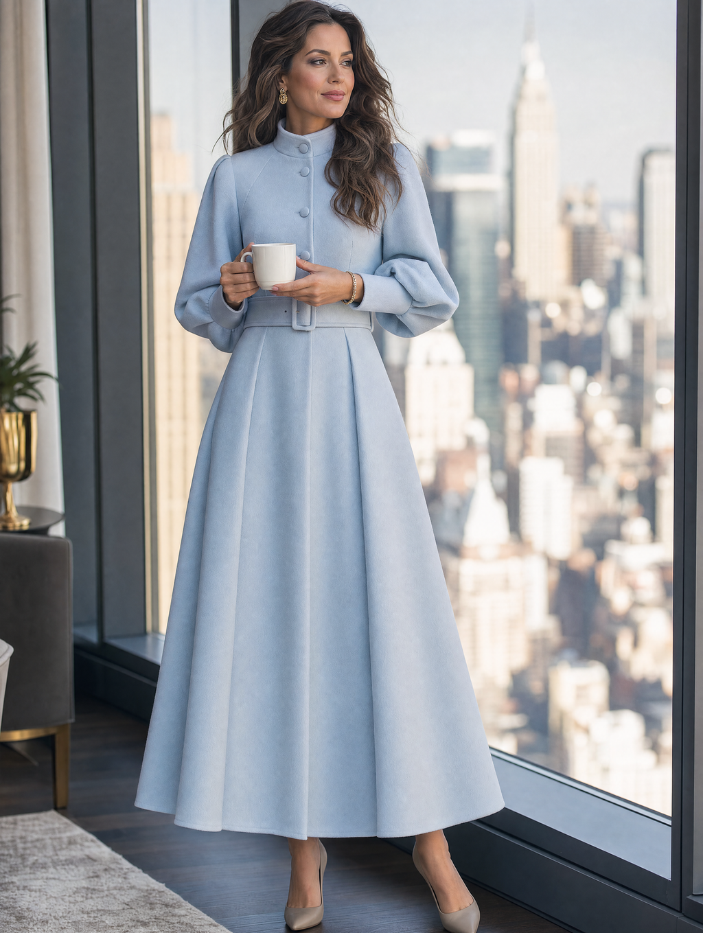 Wool Stand-Collar Lantern-Sleeve Belted Fit-and-Flare Midi Coat