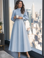 Wool Stand-Collar Lantern-Sleeve Belted Fit-and-Flare Midi Coat