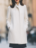 Ivory Funnel Neck Concealed Placket Straight Wool Coat