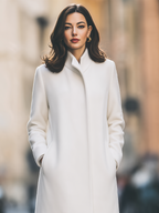 Ivory Funnel Neck Concealed Placket Straight Wool Coat