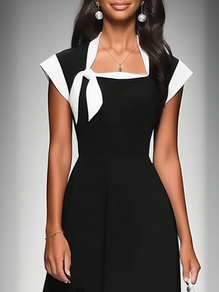 Vestido Midi de Mujer con Cuello Cuadrado y Mangas Cortas Colorblock MDA2447F4Y