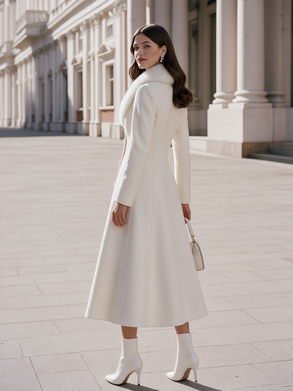 Elegant Faux Fur Collar Double-Breasted Long Wool Coat