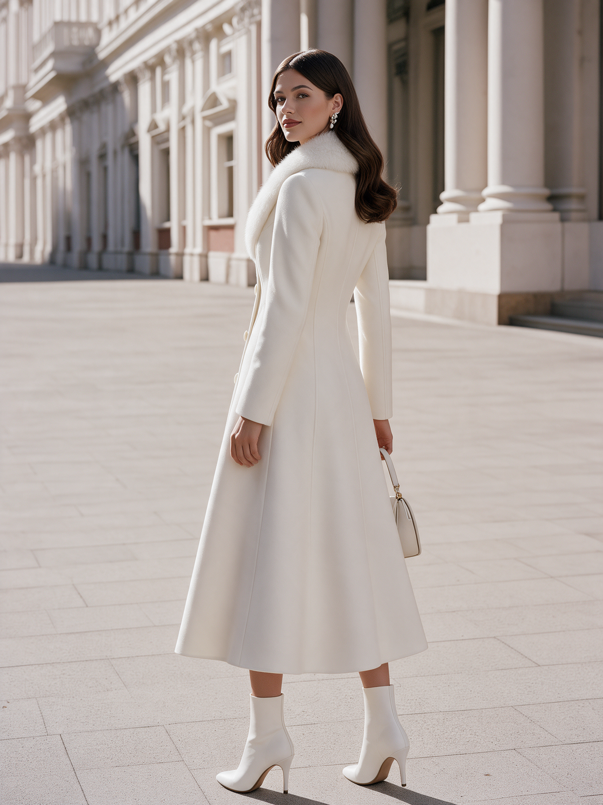 Elegant Faux Fur Collar Double-Breasted Long Wool Coat