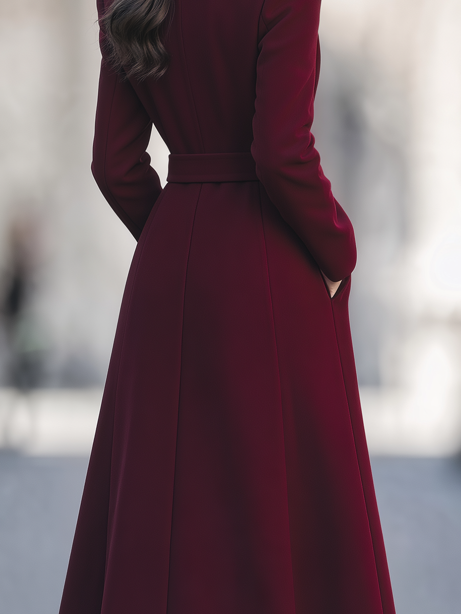 Burgundy Notched Lapel Double-Breasted Belted A-Line Long Coat