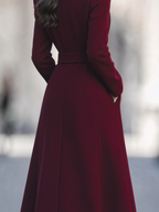 Burgundy Notched Lapel Double-Breasted Belted A-Line Long Coat