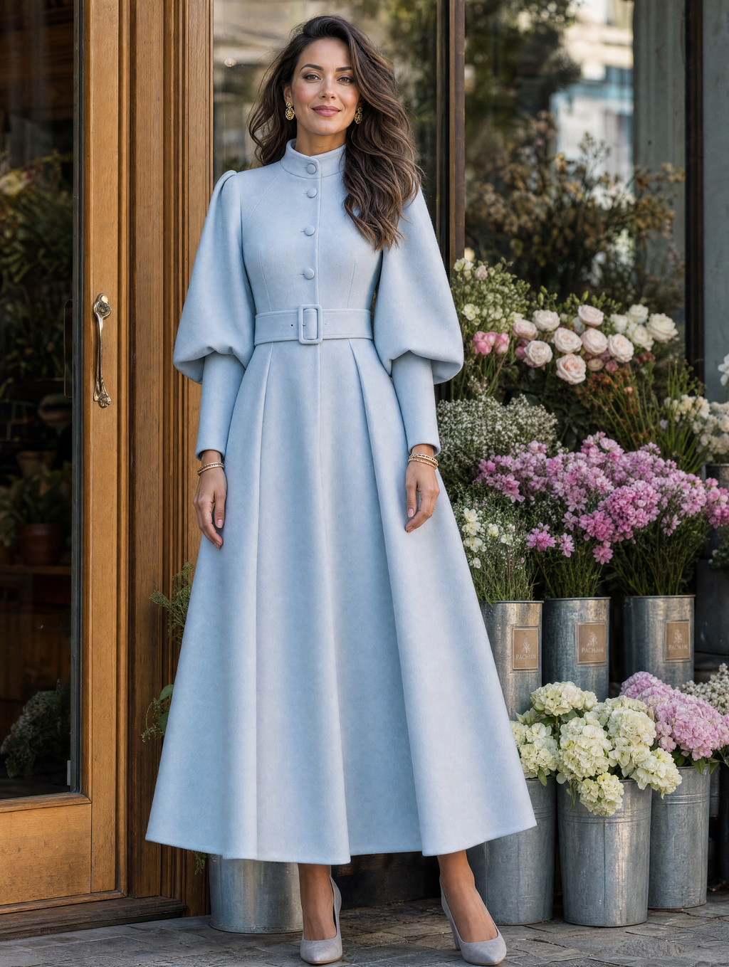 Wool Stand-Collar Lantern-Sleeve Belted Fit-and-Flare Midi Coat