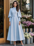Wool Stand-Collar Lantern-Sleeve Belted Fit-and-Flare Midi Coat
