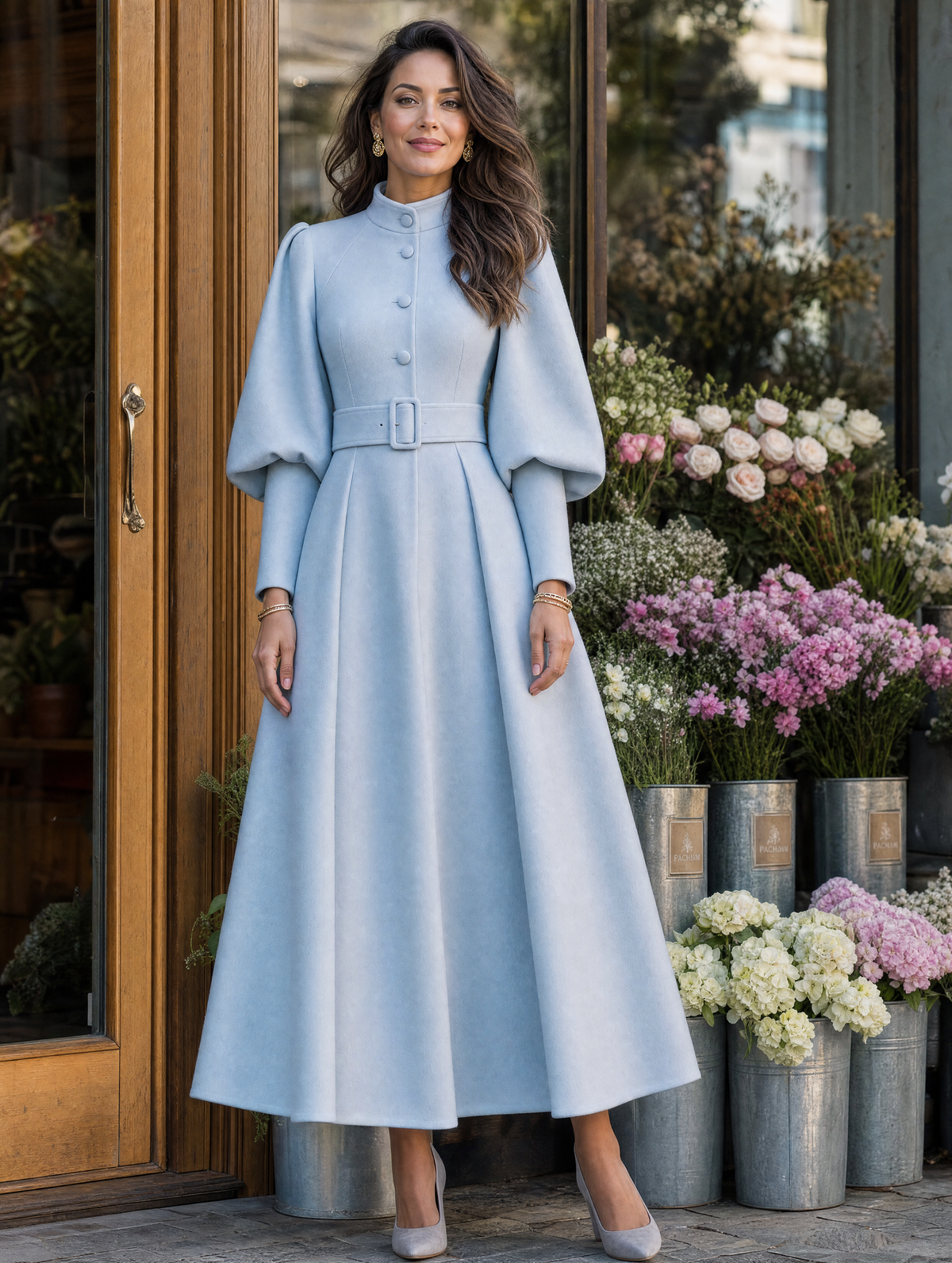 Wool Stand-Collar Lantern-Sleeve Belted Fit-and-Flare Midi Coat