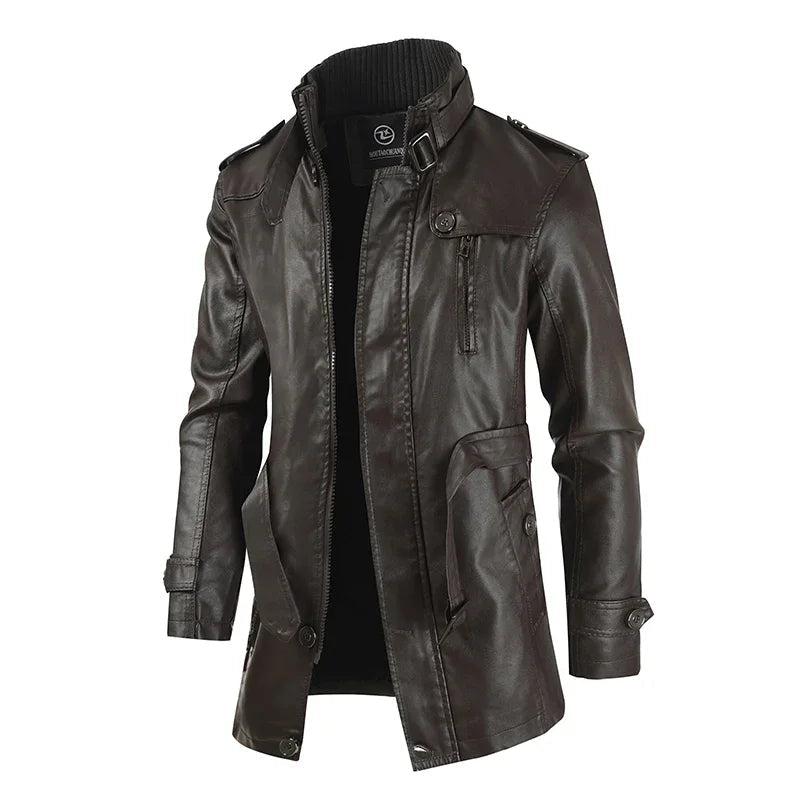 Elegante chaqueta motera larga de cuero