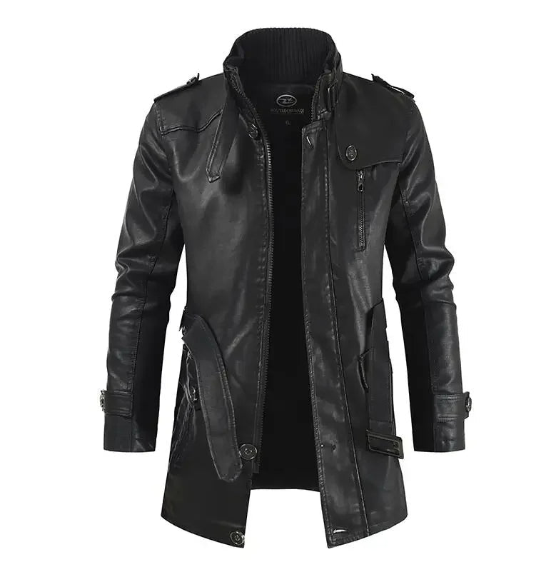 Elegante chaqueta motera larga de cuero