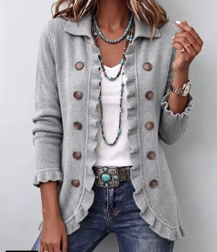 Teodora | Chaqueta de pana gris jaspeado con volantes